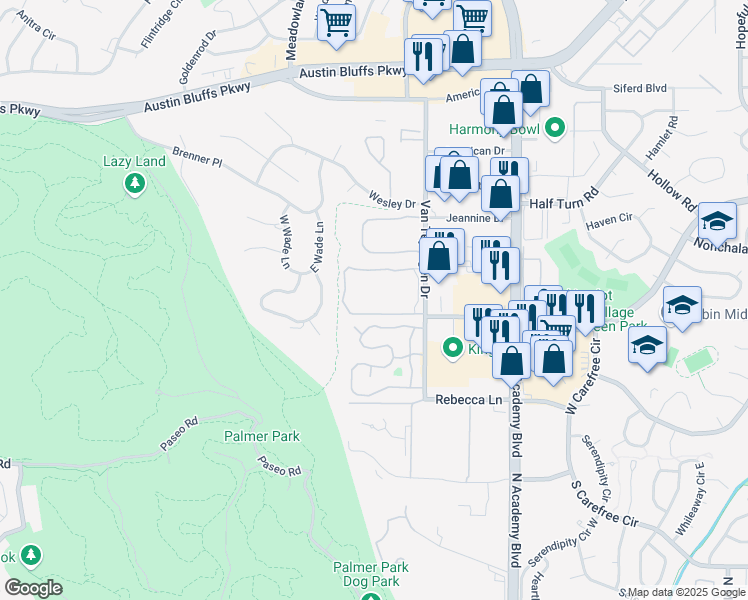 map of restaurants, bars, coffee shops, grocery stores, and more near 3526 Van Teylingen Drive in Colorado Springs