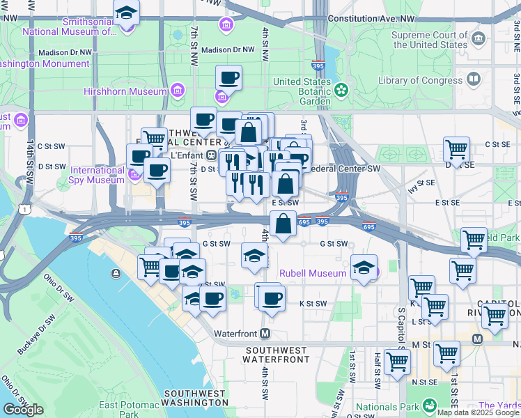 map of restaurants, bars, coffee shops, grocery stores, and more near 400e E Street Southwest in Washington