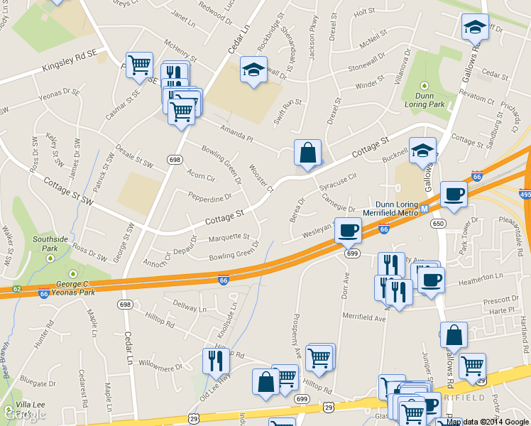 map of restaurants, bars, coffee shops, grocery stores, and more near 8426 Bowling Green Court in Vienna