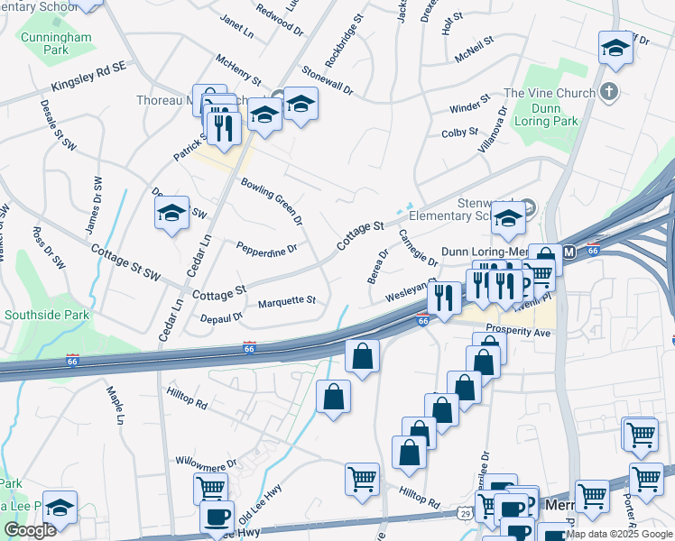 map of restaurants, bars, coffee shops, grocery stores, and more near 8426 Bowling Green Court in Vienna