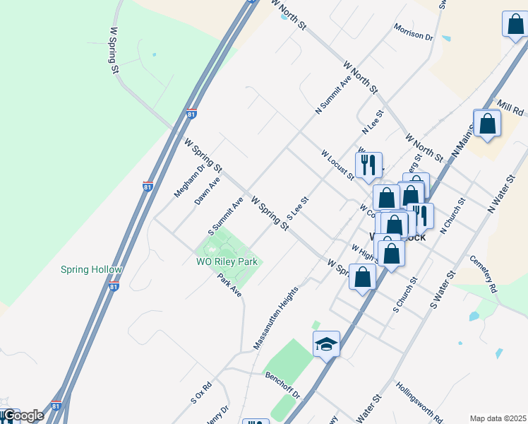 map of restaurants, bars, coffee shops, grocery stores, and more near 553 West Spring Street in Woodstock