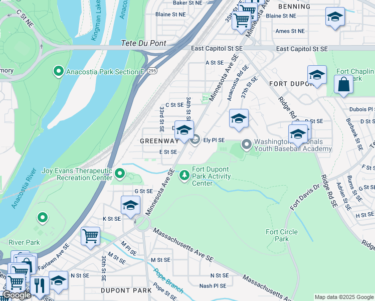 map of restaurants, bars, coffee shops, grocery stores, and more near 3375 Minnesota Avenue Southeast in Washington