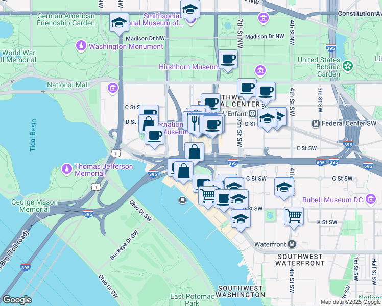 map of restaurants, bars, coffee shops, grocery stores, and more near 3283 10th Street Southwest in Washington