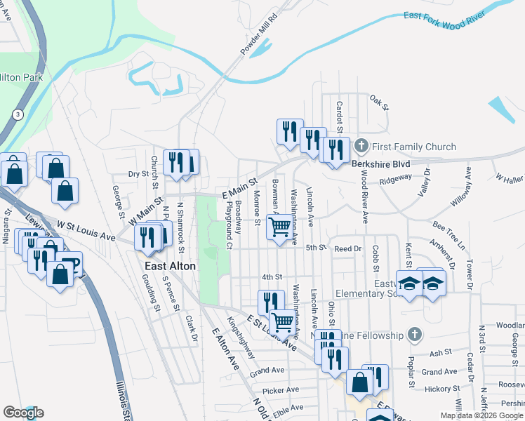 map of restaurants, bars, coffee shops, grocery stores, and more near 606 Monroe Street in East Alton