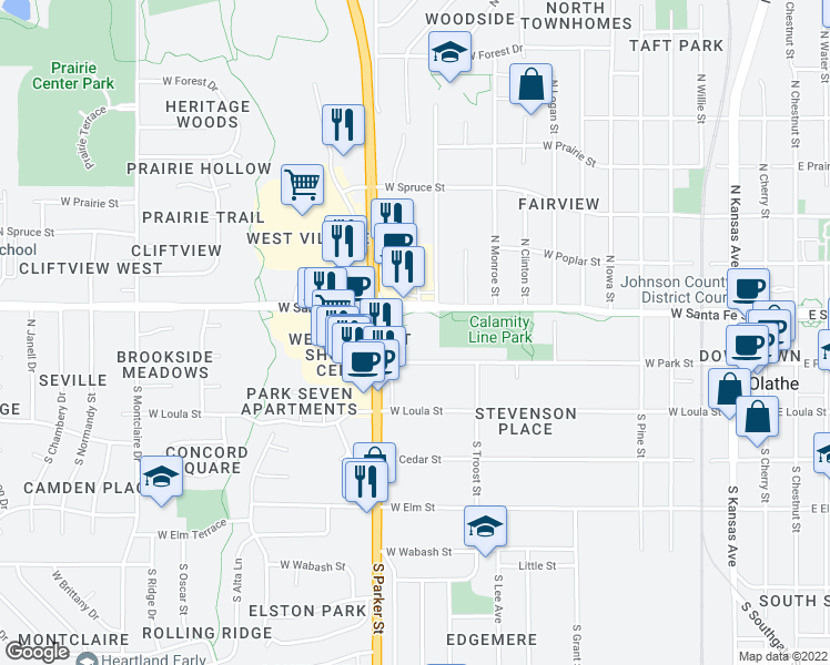 map of restaurants, bars, coffee shops, grocery stores, and more near 1075 West Santa Fe Street in Olathe
