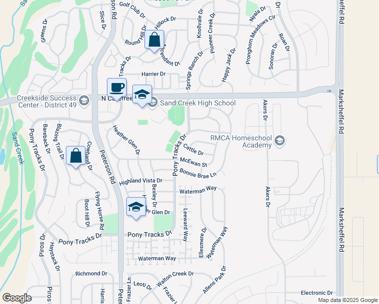 map of restaurants, bars, coffee shops, grocery stores, and more near 7089 Cattle Drive in Colorado Springs