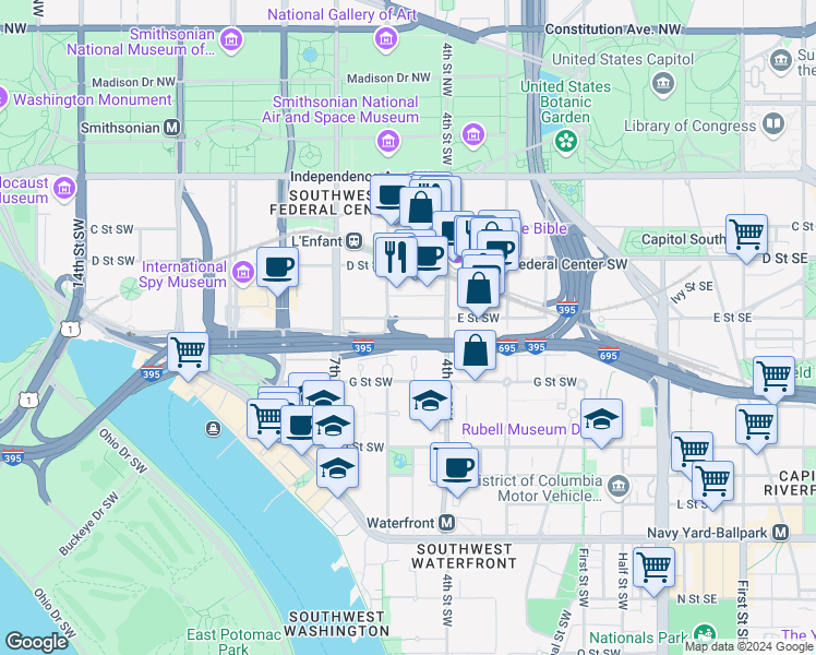 map of restaurants, bars, coffee shops, grocery stores, and more near 500 E Street Southwest in Washington
