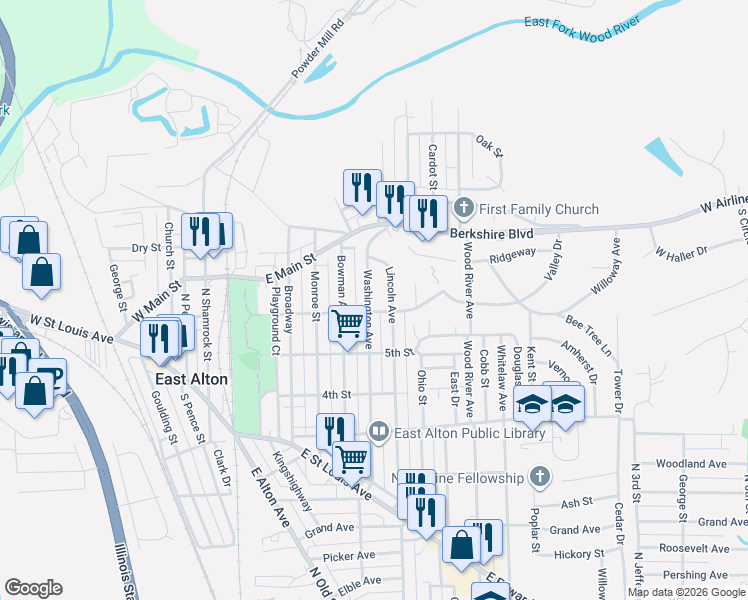 map of restaurants, bars, coffee shops, grocery stores, and more near 608 Washington Avenue in East Alton
