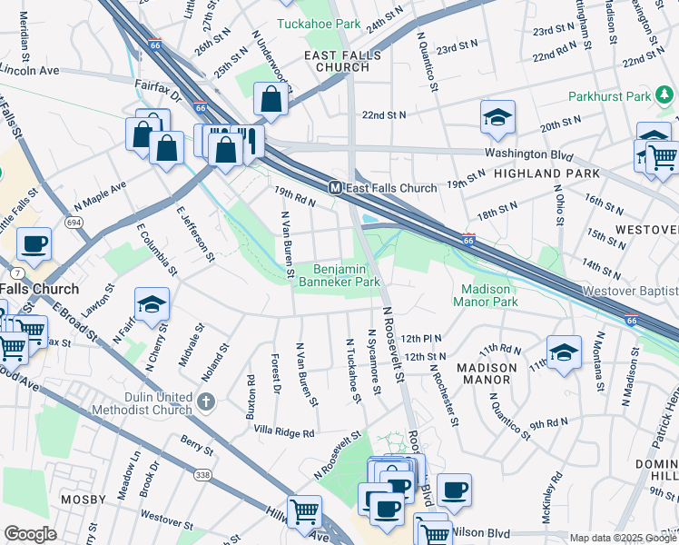 map of restaurants, bars, coffee shops, grocery stores, and more near 6620 18th Street North in Arlington