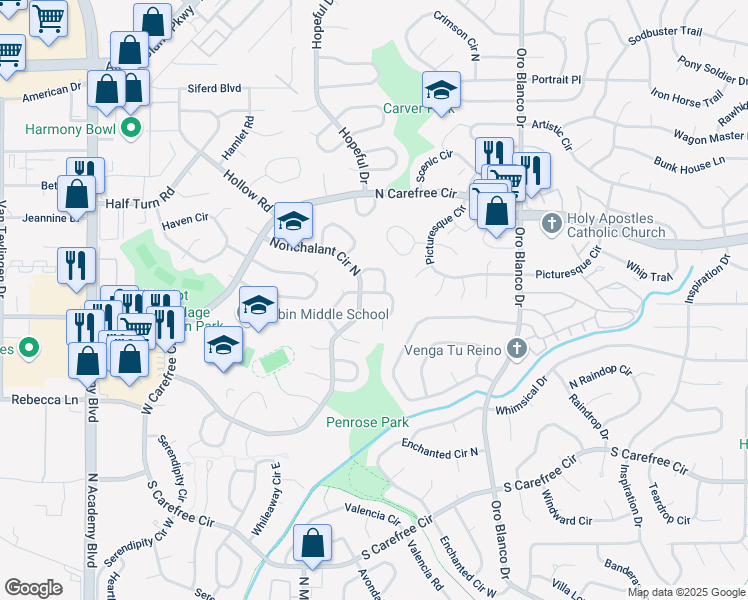 map of restaurants, bars, coffee shops, grocery stores, and more near 4415 Teeter Totter Circle in Colorado Springs