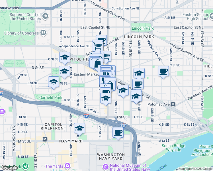 map of restaurants, bars, coffee shops, grocery stores, and more near in Washington