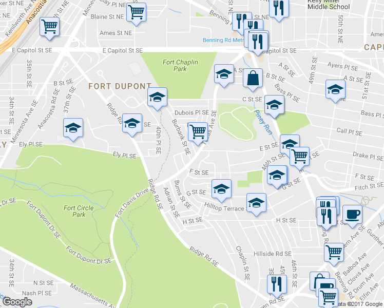 map of restaurants, bars, coffee shops, grocery stores, and more near 4336 Texas Avenue Southeast in Washington