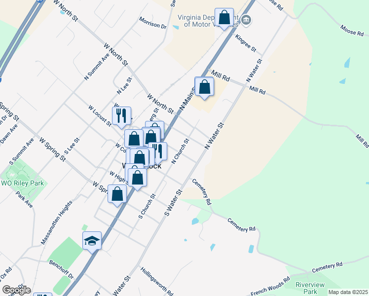 map of restaurants, bars, coffee shops, grocery stores, and more near 219 North Church Street in Woodstock