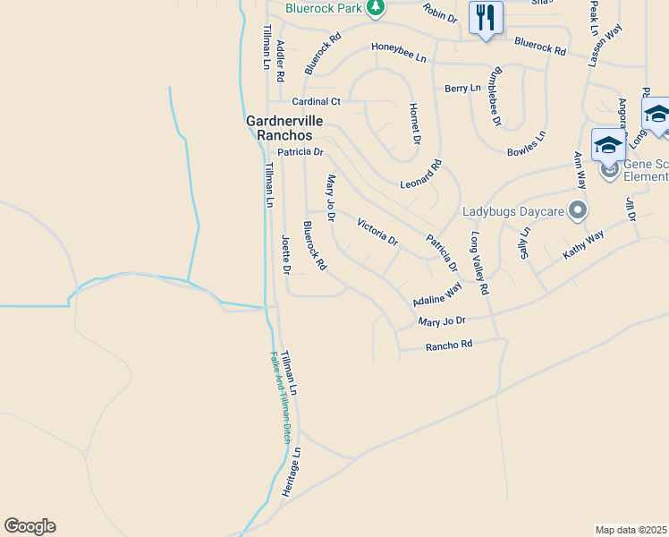 map of restaurants, bars, coffee shops, grocery stores, and more near 643 Bluerock Road in Gardnerville