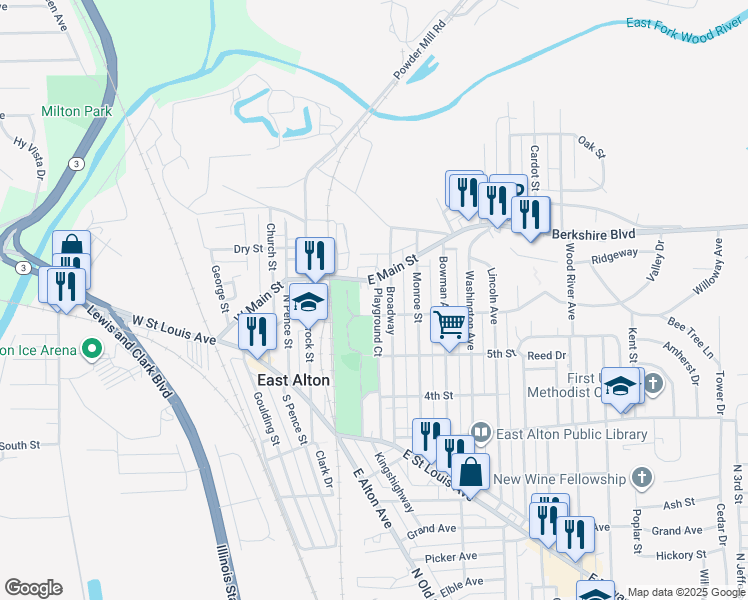 map of restaurants, bars, coffee shops, grocery stores, and more near 613 Playground Court in East Alton