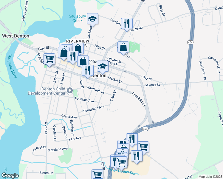 map of restaurants, bars, coffee shops, grocery stores, and more near 14 South 8th Street in Denton