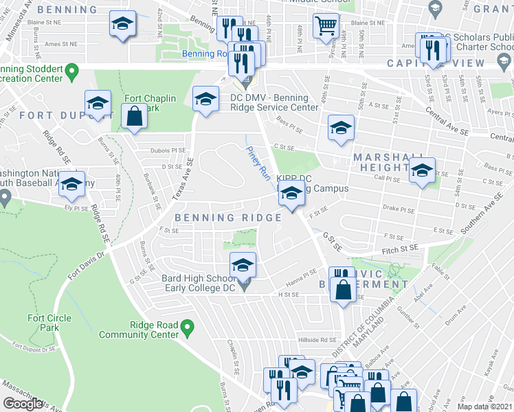 map of restaurants, bars, coffee shops, grocery stores, and more near 4436 Falls Terrace Southeast in Washington