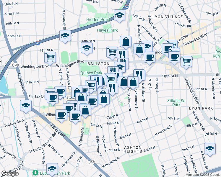 map of restaurants, bars, coffee shops, grocery stores, and more near 901 North Nelson Street in Arlington