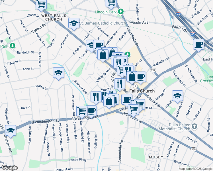 map of restaurants, bars, coffee shops, grocery stores, and more near 317 James Street in Falls Church