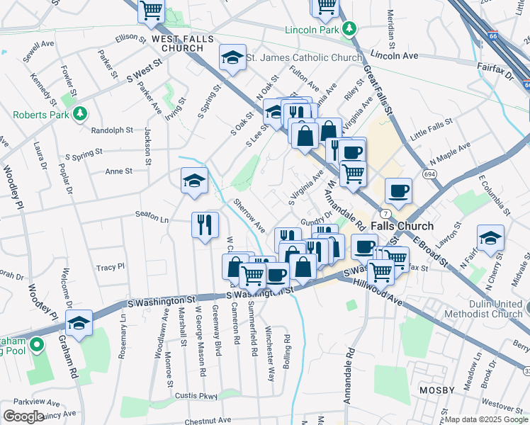 map of restaurants, bars, coffee shops, grocery stores, and more near 409 Rollins Street in Falls Church