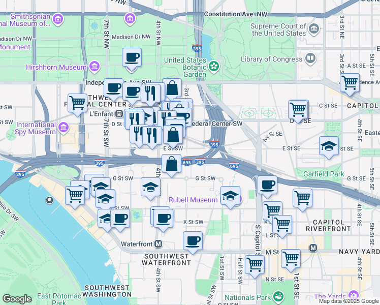 map of restaurants, bars, coffee shops, grocery stores, and more near 250 E Street Southwest in Washington