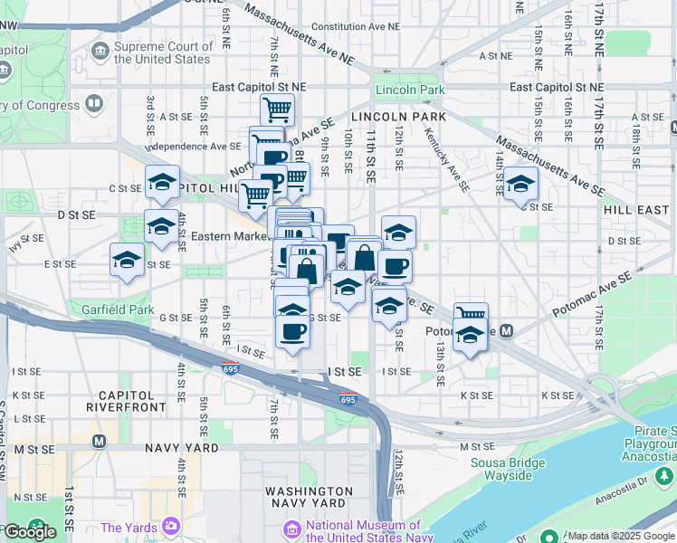 map of restaurants, bars, coffee shops, grocery stores, and more near 921 Pennsylvania Avenue Southeast in Washington