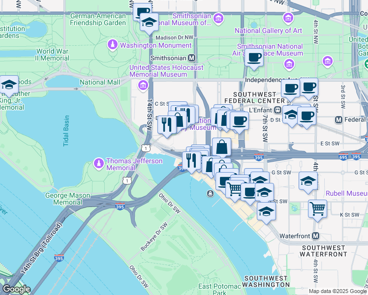 map of restaurants, bars, coffee shops, grocery stores, and more near 1201 Maine Avenue Southwest in Washington