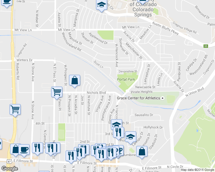 map of restaurants, bars, coffee shops, grocery stores, and more near 1248 Nichols Boulevard in Colorado Springs