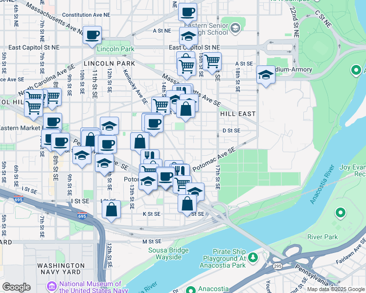 map of restaurants, bars, coffee shops, grocery stores, and more near 101 Independence Avenue Southeast in Washington