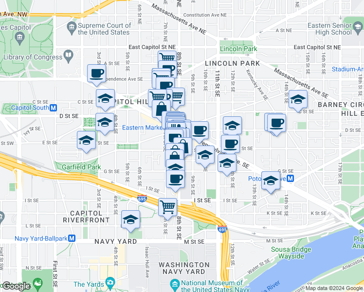 map of restaurants, bars, coffee shops, grocery stores, and more near 1211 Van Street Southeast in Washington