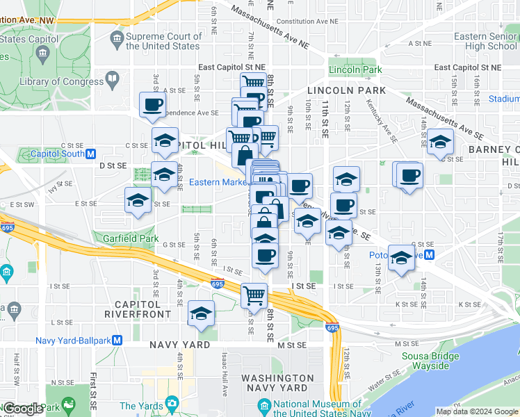 map of restaurants, bars, coffee shops, grocery stores, and more near 101 Independence Avenue Southeast in Washington