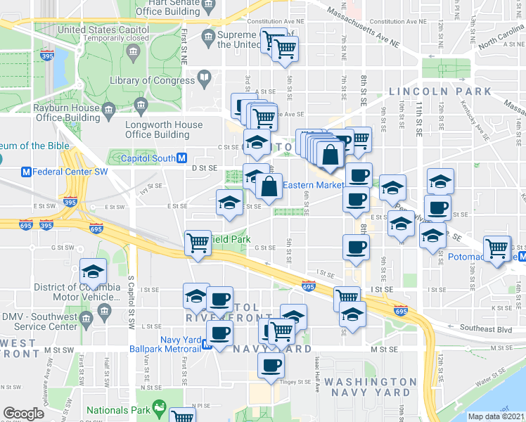 map of restaurants, bars, coffee shops, grocery stores, and more near 101 Independence Avenue Southeast in Washington