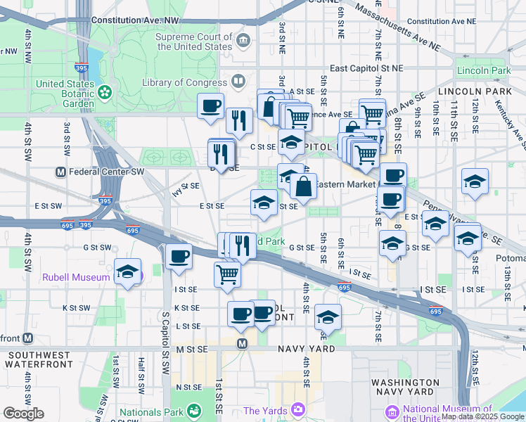 map of restaurants, bars, coffee shops, grocery stores, and more near 101 Independence Avenue Southeast in Washington