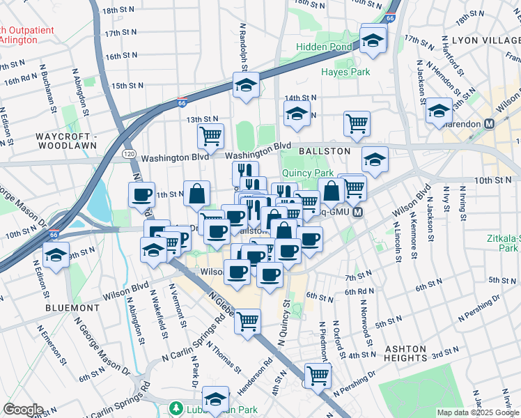 map of restaurants, bars, coffee shops, grocery stores, and more near 1001 North Randolph Street in Arlington