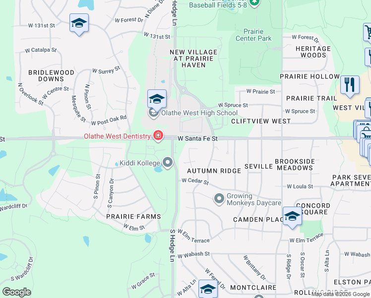 map of restaurants, bars, coffee shops, grocery stores, and more near 13500 South Hedge Lane in Olathe
