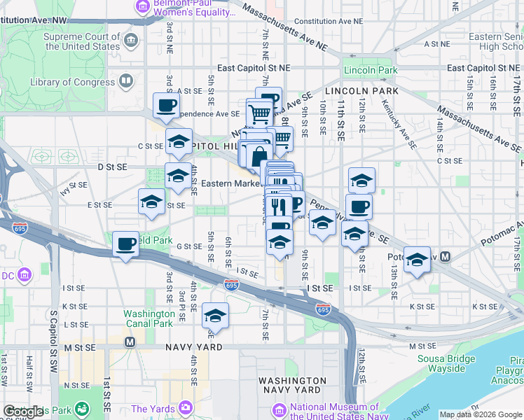 map of restaurants, bars, coffee shops, grocery stores, and more near 431 7th Street Southeast in Washington