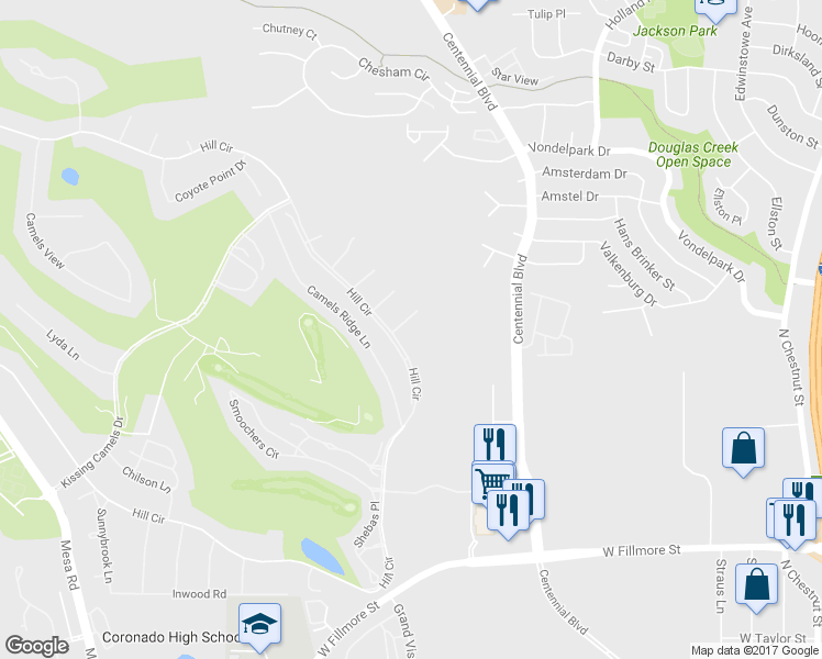 map of restaurants, bars, coffee shops, grocery stores, and more near 3615 Moonrise Court in Colorado Springs