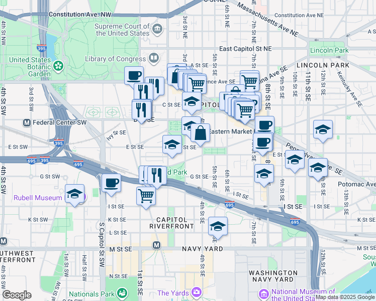 map of restaurants, bars, coffee shops, grocery stores, and more near 504 3rd Street Southeast in Washington