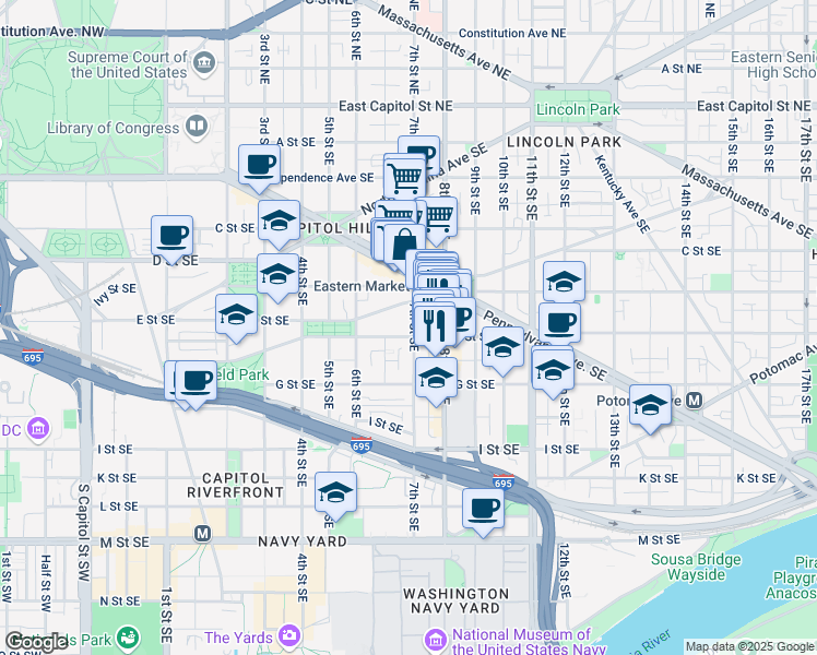 map of restaurants, bars, coffee shops, grocery stores, and more near 101 Independence Avenue Southeast in Washington