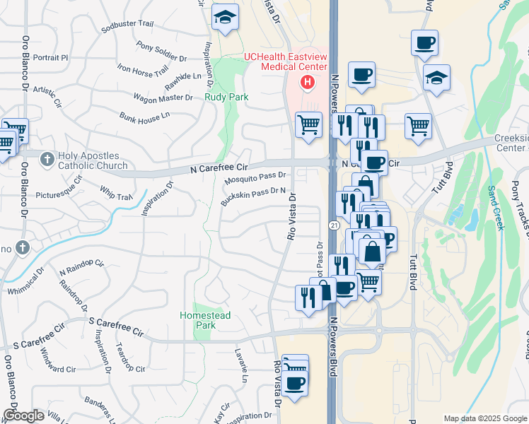 map of restaurants, bars, coffee shops, grocery stores, and more near 5571 Gunshot Pass Drive in Colorado Springs