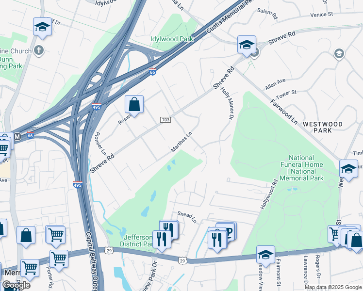 map of restaurants, bars, coffee shops, grocery stores, and more near 7735 Marthas Lane in Falls Church