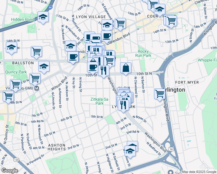 map of restaurants, bars, coffee shops, grocery stores, and more near 2901 9th Street North in Arlington