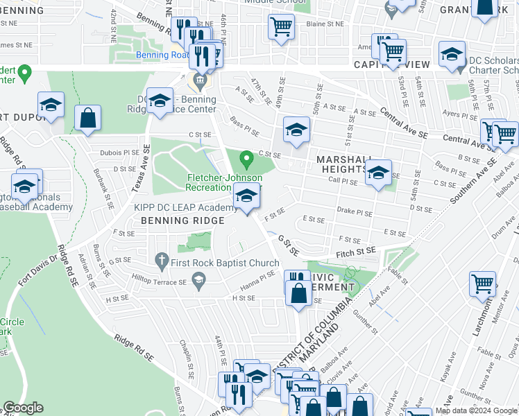 map of restaurants, bars, coffee shops, grocery stores, and more near 4724 Benning Road Southeast in Washington