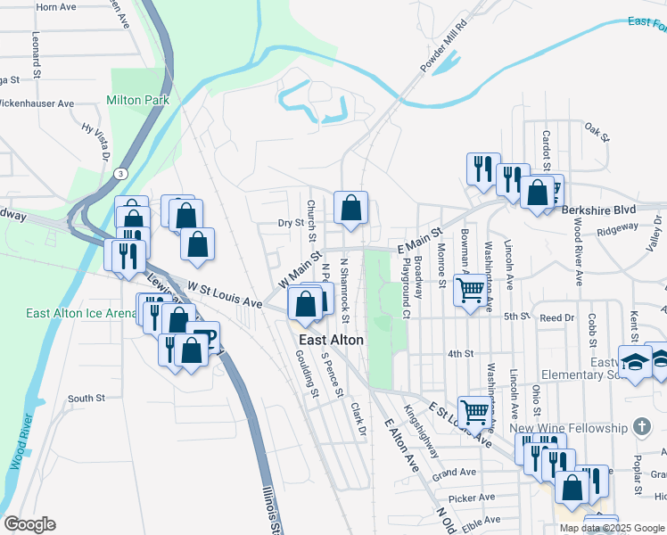map of restaurants, bars, coffee shops, grocery stores, and more near 209 North Shamrock Street in East Alton