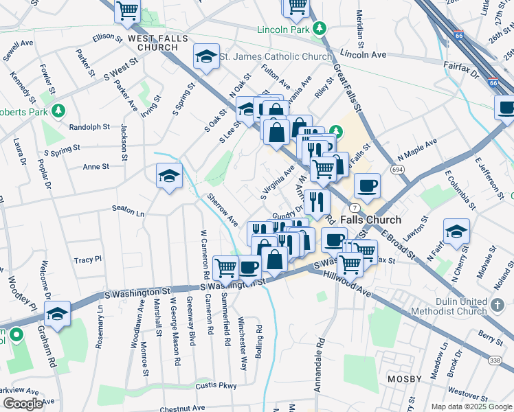 map of restaurants, bars, coffee shops, grocery stores, and more near 306 South Virginia Avenue in Falls Church