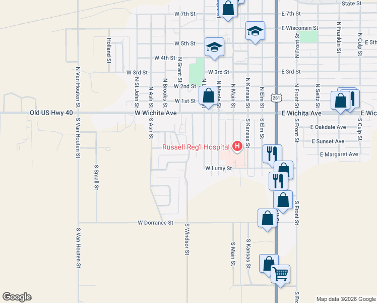 map of restaurants, bars, coffee shops, grocery stores, and more near 300 West Jewell Street in Russell