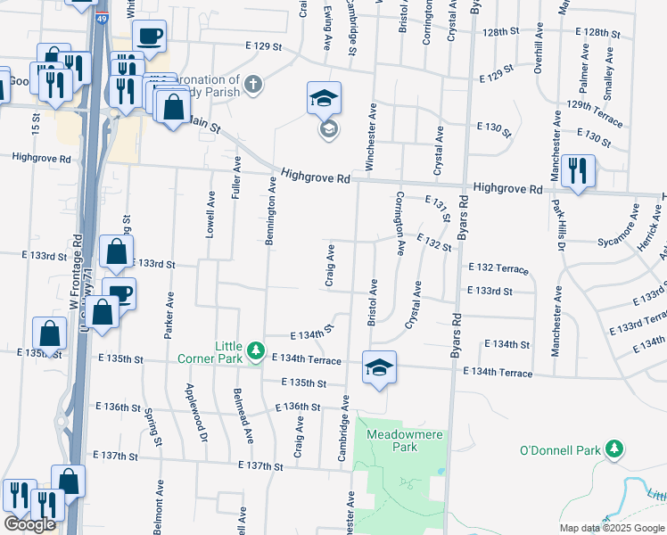 map of restaurants, bars, coffee shops, grocery stores, and more near 13211 Craig Avenue in Grandview