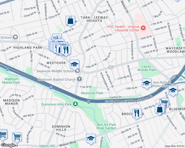 map of restaurants, bars, coffee shops, grocery stores, and more near 5712 North Washington Boulevard in Arlington