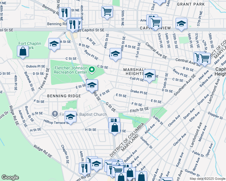 map of restaurants, bars, coffee shops, grocery stores, and more near 4895 F Street Southeast in Washington