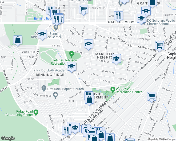 map of restaurants, bars, coffee shops, grocery stores, and more near 4895 F Street Southeast in Washington